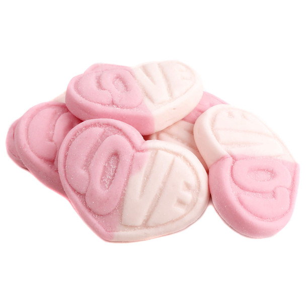 Red, white Swedish Style strawberry vanilla gummy hearts, approx 50 per pound, soft chew.