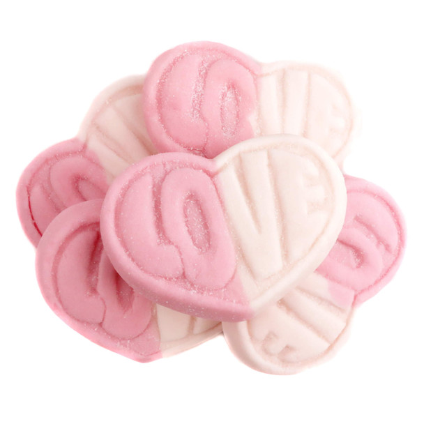 Dual-colored red and white Swedish Style Strawberry Vanilla gummy hearts, approx. 50 per pound.