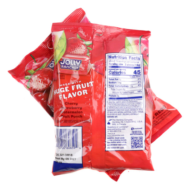 Jolly Rancher Awesome Reds. 2 Bags featuring the back of the 6.5oz bag of all-red hard candies. Flavors are watermelon, cherry, strawberry, and fruit punch flavors.