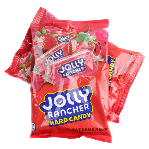 2 6.5oz bags of Jolly Rancher Awesome Reds hard candy, all red watermelon, cherry, strawberry, fruit punch flavors.