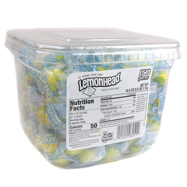 The back of a Lemonheads Candy 40.5-ounce tub showing the printed Nutrition Facts panel, ingredients list, allergen warnings, and serving size details