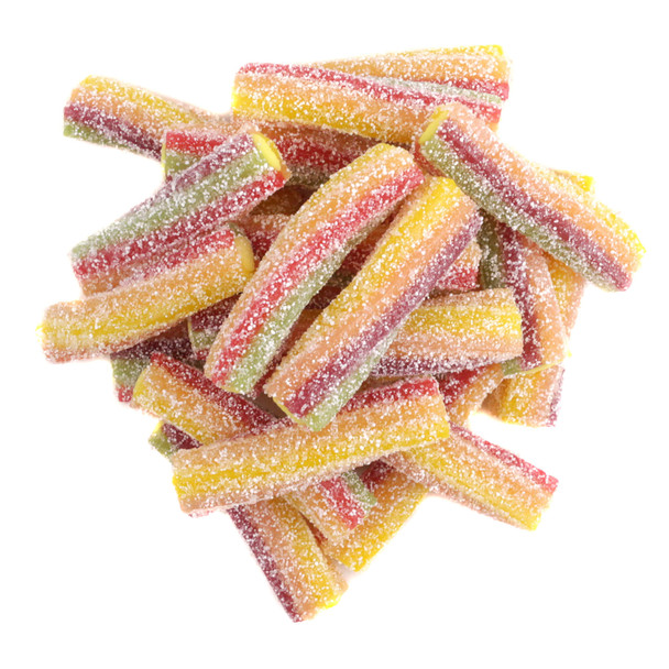 Bulk Fini Sour Rainbow Twister Licorice Bites featuring vibrant, sugar-dusted striped candy pieces