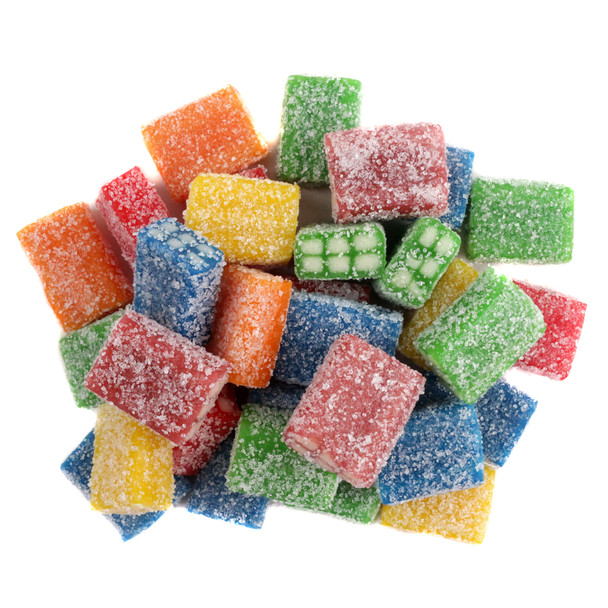 Colorful, cream-filled Fini Extra Sour Licorice Bricks, perfect for colorful candy buffets or sweet and sour movie snacks