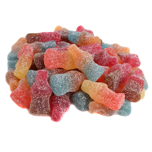Haribo sour cola bottles have a slightly crunchy sugar coating with a soft gummy center