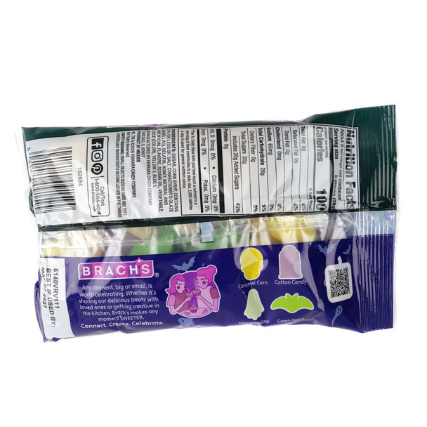 The back of an 8-ounce Brach's Spooky Graveyard Mello-Cremes bag displaying the nutrition facts label, ingredient list, and allergen information