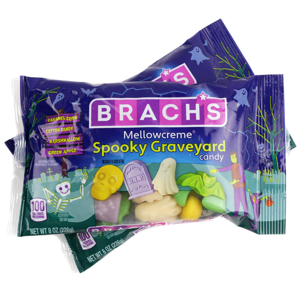 An 8-ounce bag of Brach's Spooky Graveyard Mello-Cremes candy featuring spooky Halloween-themed shapes on purple packaging