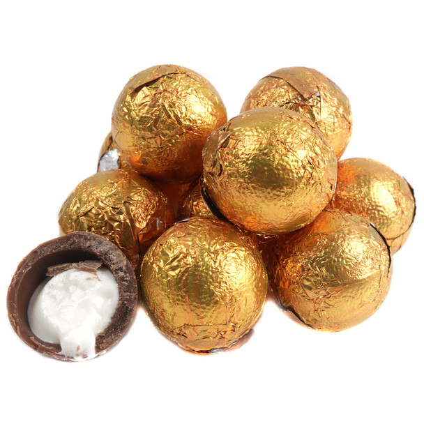 Orange foil Palmer Chocofluff Marshmallow Balls, fluffy white centers, bite-sized, approx. 48 per pound.
