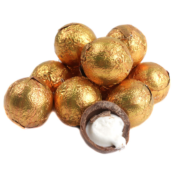 Palmer Chocofluff chocolate-covered marshmallow balls, rich brown coating, fluffy white centers, approx 48 per pound.