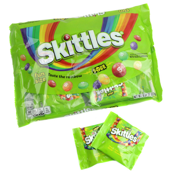 Bright green 8.04 ounce bag of Sour Skittles filled with fun size individually wrapped pouches