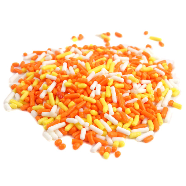 A bulk arrangement of vibrant yellow, bright orange, and white sprinkle beads mixed together