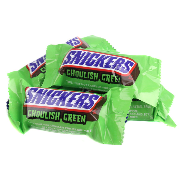 Snickers Ghoulish Green Fun Size candy bar in bright green Halloween-themed packaging.