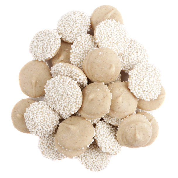 Creamy pumpkin roll flavored white chocolate nonpareils coated in white candy seeds