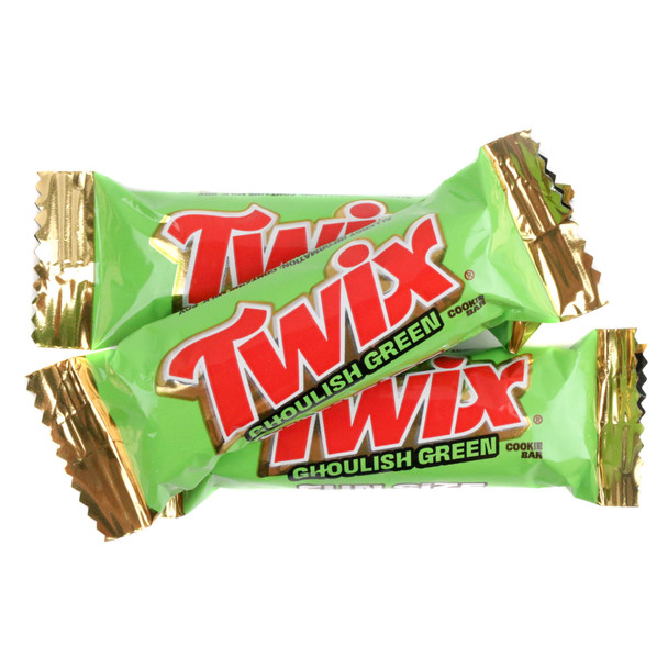 Fun size Twix Ghoulish Green candy bar in bright green seasonal packaging.