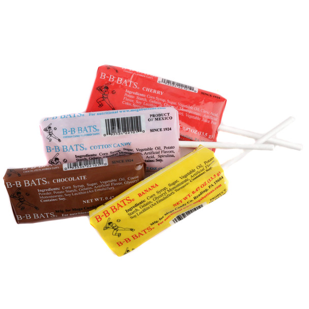 Individually wrapped BB Bats chewy candy sticks featuring traditional fruit and classic flavors.
