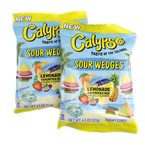 Sour sugar-coated Calypso lemonade gummy wedges highlighting their soft, candy wedge shape and vibrant colors.
