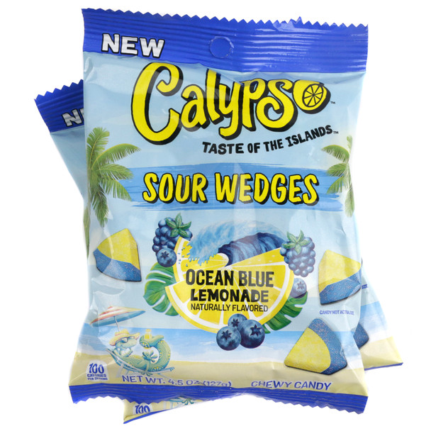 Front of a 4.5oz bag of Calypso Ocean Blue Sour Gummy Wedges featuring colorful citrus gummy wedges surrounded by splash graphics.