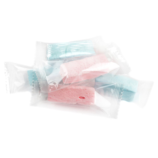 Individually wrapped Cotton Candy Nougat Candy, in soft pink and blue colors with a soft, fluffy texture.