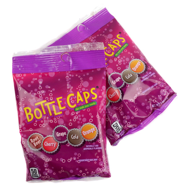 Bottle Caps 12 pack 2oz bags. Assorted cola, cherry, grape, root beer, orange retro candy.