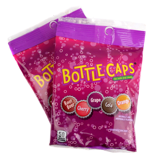 Bottle Caps retro candy featuring cola, cherry, grape, root beer, orange flavors.