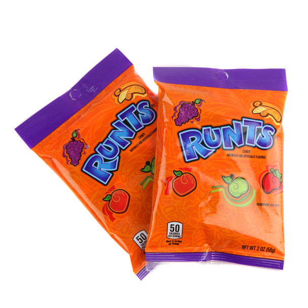 Bright orange 2oz bags of Runts hard candy featuring an assortment of colorful fruit shapes on the packaging.