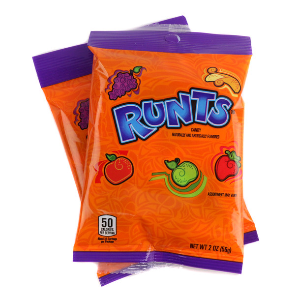 2oz pocket pack bags of classic fruit-shaped Runts hard candy in an upright display format.