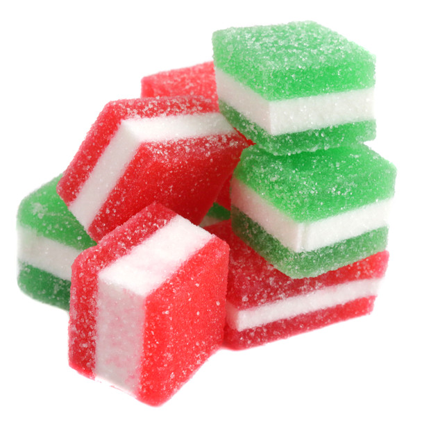 Red and Green Jelly Fruit Bites, showcasing the soft, chewy jelly candies in vibrant colors
