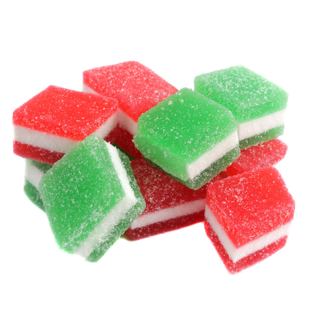 bright red and green mix of unwrapped jelly fruit candies, perfect for Christmas candy displays