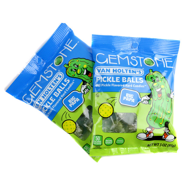 Van Holten's Pickle Balls hard candy peg bags with individually wrapped pickle hard candy