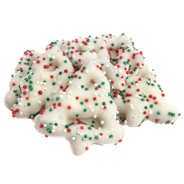 Christmas Tree yogurt drizzled pretzels, white, red, green, approx 60 per pound, festive holiday snack.