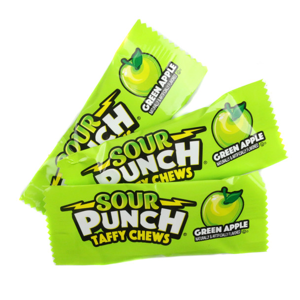 Individually wrapped Sour Punch Green Apple Taffy Chews showing the green apple packaging design.
