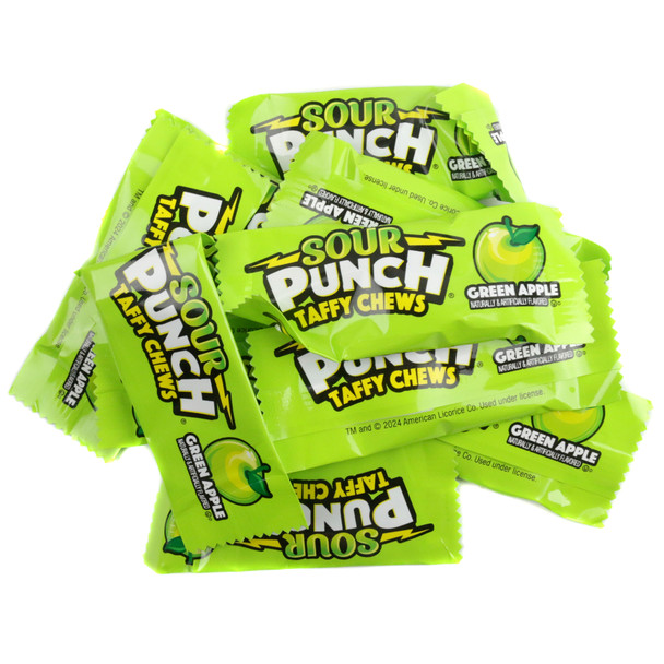 Individually wrapped Sour Punch Green Apple chewy candy in bulk for events, pinatas, and candy buffets.