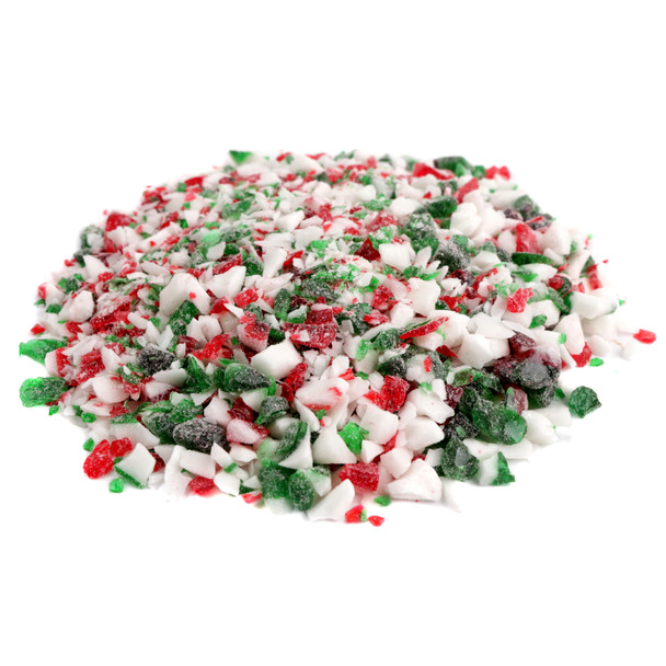 Crushed festive red, white, and green candy canes for Christmas cookies and holiday desserts.