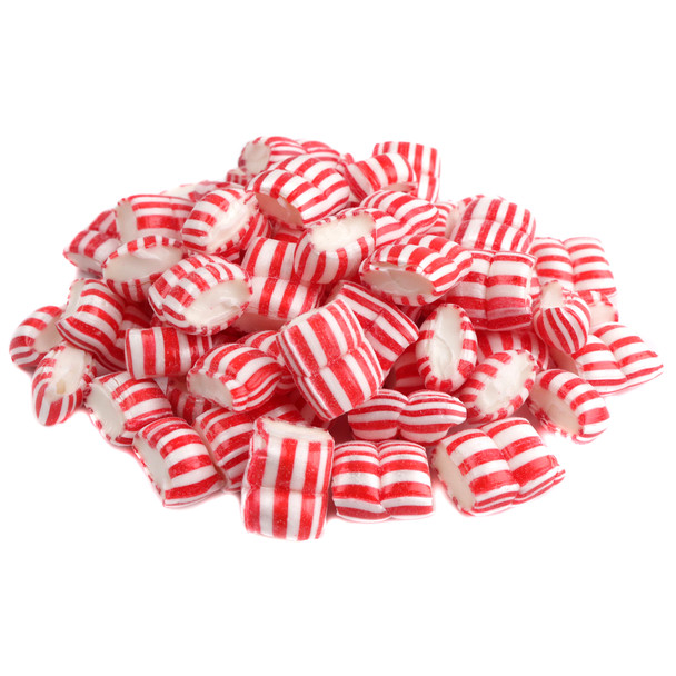 Atkinsons Red and White Maiden Kisses mint candies on white background.