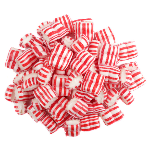 Red and White Peppermint Maiden Kisses, red and white, bite-sized hard candy. Approx 450 pieces per pound.