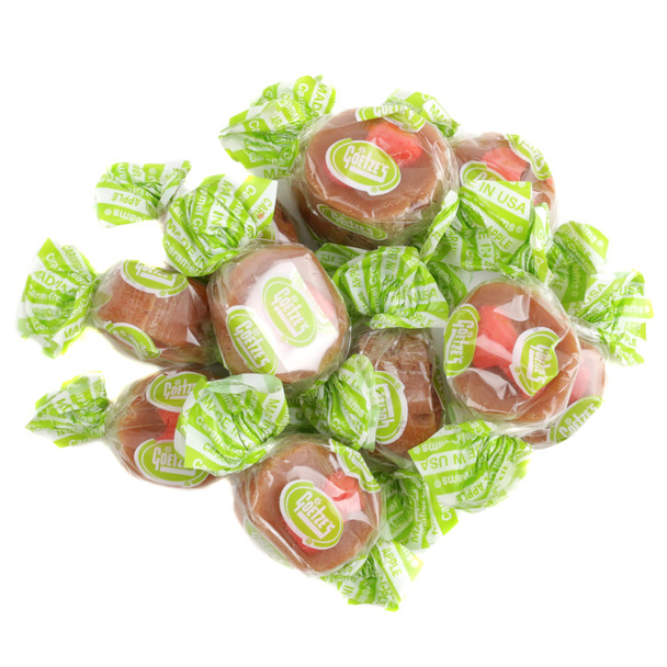 Goetze's Caramel Creams Apple candy, chewy brown caramel ring, tangy green apple flavor, silky white cream center, approx 40 pieces.