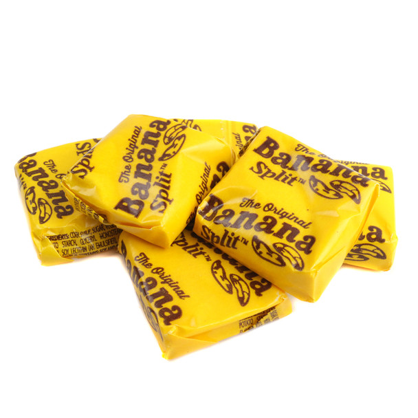 Original Banana Split Candy Chews, yellow square chewy taffy, rich banana flavor, approx 45 pieces per pound, retro USA candy.