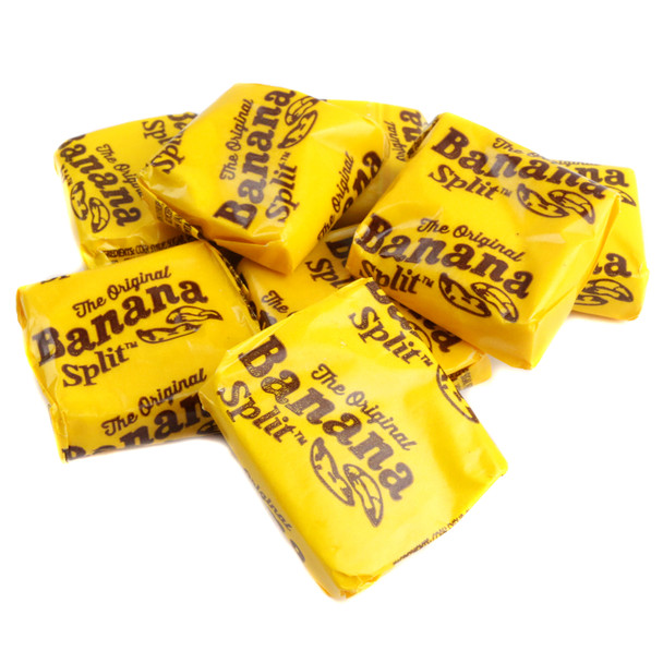 Stichler Products Original Banana Split Candy Chews. Yellow square chewy taffy with banana flavor, approx 45 pieces per pound.