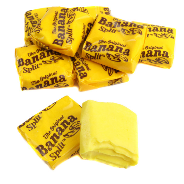 Retro Original Banana Split chewy yellow taffy candy chews, approx 45 square banana pieces per pound by Stichler Products.