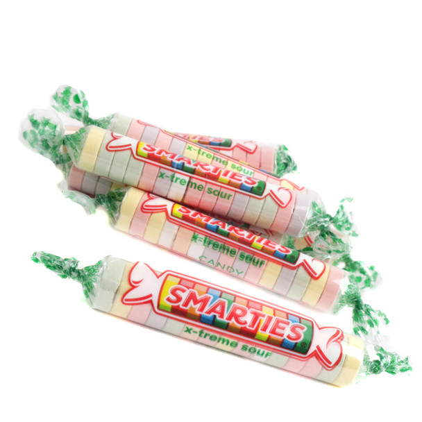 Colorful, disc-shaped Sour Smarties, approximately 60 per pound. Tangy, fruity bulk sour candy.