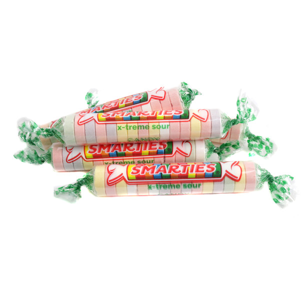 Sour Smarties X-Treme candy, small multi-colored fruit-flavored disks, approximately 60 pieces per pound.