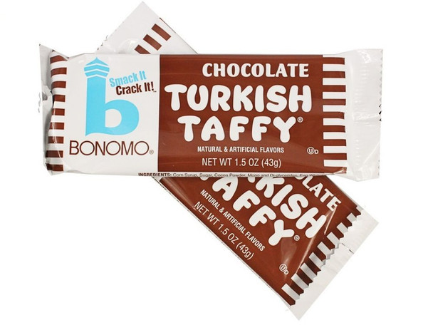 Bonomo Turkish Taffy chocolate, 24-pack of brown nostalgic retro candy bars, Made in USA.