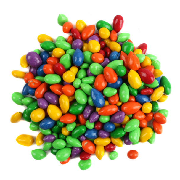 Kimmie Candy Sunbursts, rainbow chocolate covered sunflower seeds with a vibrant candy shell, sweet, salty crunch.