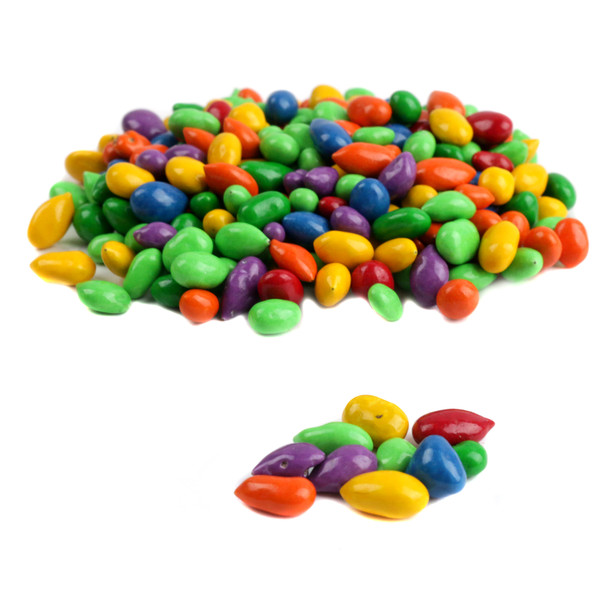 Kimmie Candy Sunbursts, chocolate covered sunflower seeds, vibrant rainbow candy shells.