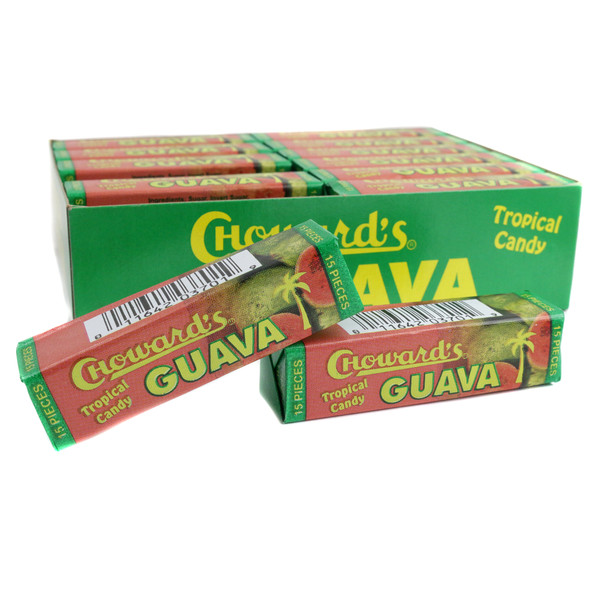 Vibrant pink square Choward's Guava Mints, 24 packs, 15 mints per pack, tropical USA candy.