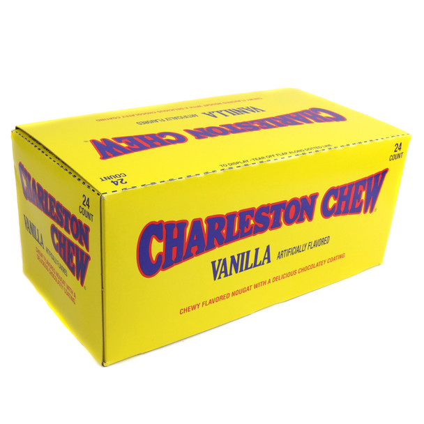 24 individually wrapped Charleston Chew Vanilla candy bars, creamy white nougat, rich brown chocolate coating.