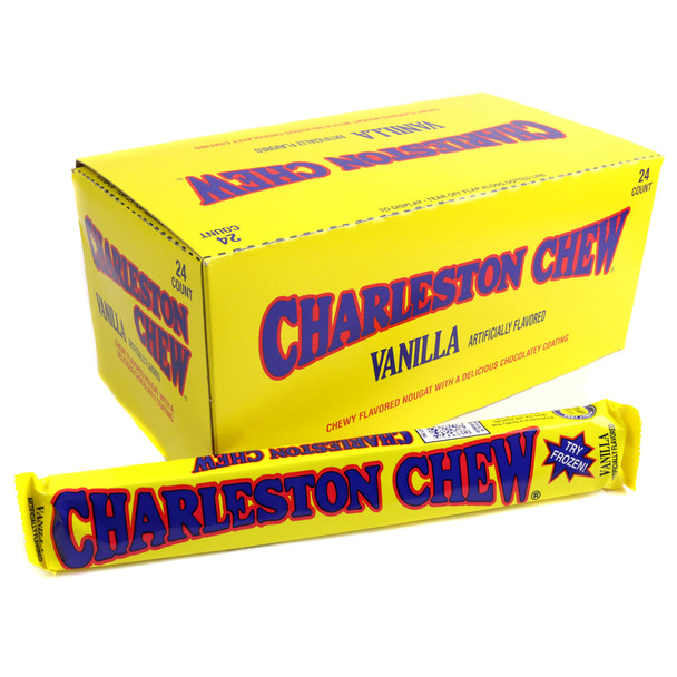 Charleston Chew Vanilla, 24 individually wrapped bars. White vanilla nougat with rich brown chocolatey coating.
