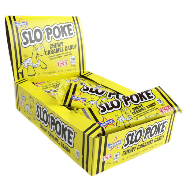 24 pack of Slo Poke Caramel Candy bars, classic old-fashioned rich creamy brown caramel treats.