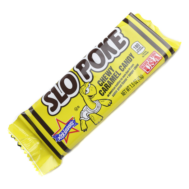 24 pack of Slo Poke Caramel Candy bars, rich creamy brown old-fashioned treats, smooth caramel flavor.