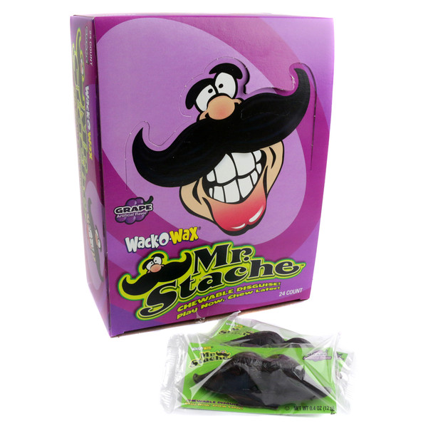 24 black grape-flavored Wack-O Wax Mustache Candy, classic novelty wax treat.