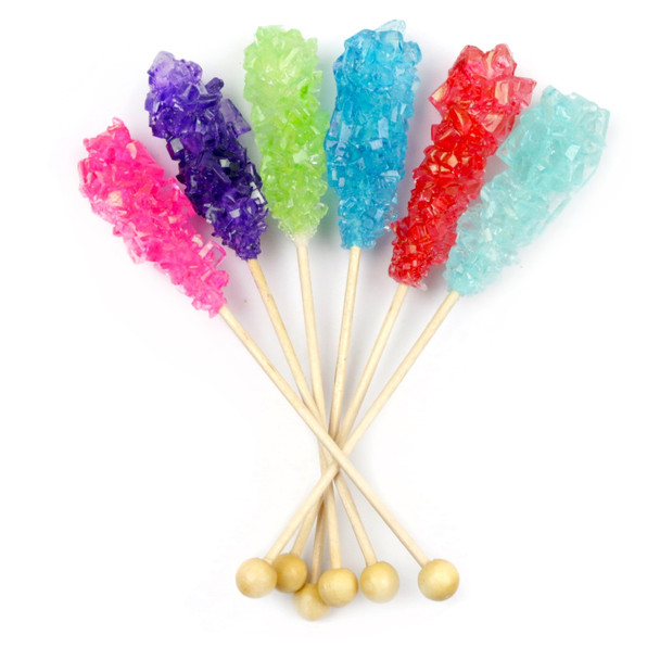36 assorted vibrant rainbow Little Rock Candy Sticks, individually wrapped, 5.5-inch length.